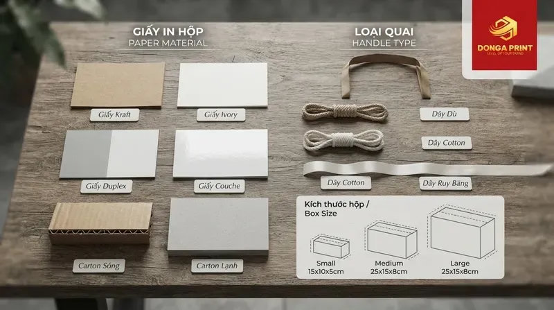 Chọn chất liệu giấy, loại quai và kích thước hộp