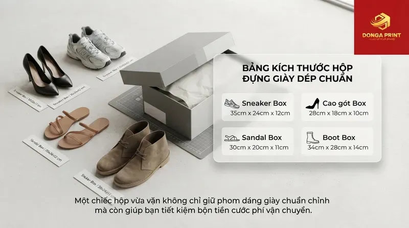 Bảng kích thước hộp đựng giày dép chuẩn cho từng dòng sản phẩm